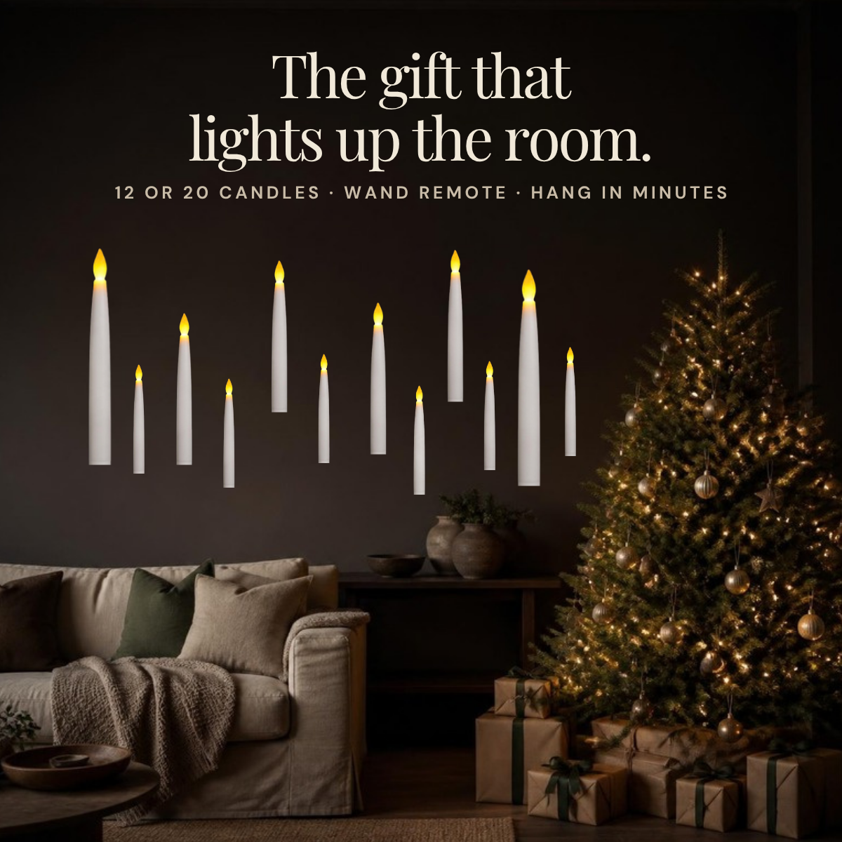 Floating candles in a living room next to a Christmas tree and gifts