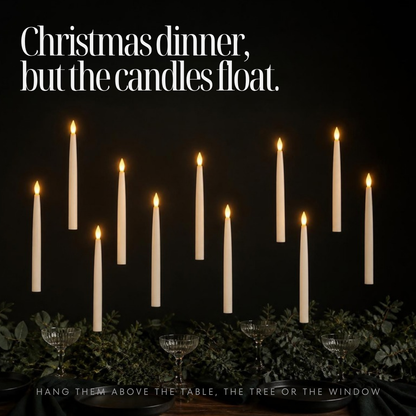 Floating LED candles above a Christmas dinner table