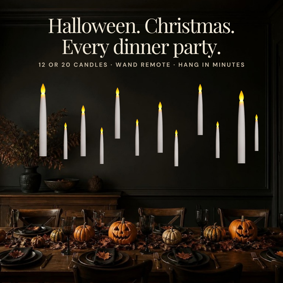 Floating candles above a Halloween dinner table