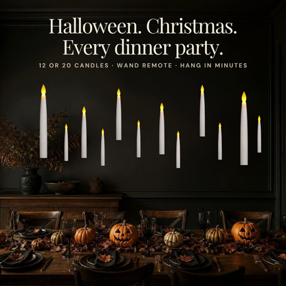 Floating candles above a Halloween dinner table