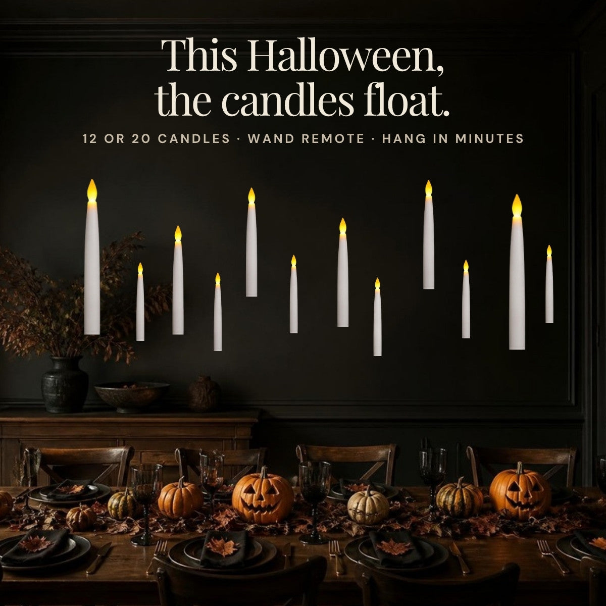 This Halloween, the candles float: floating LED candles above a Halloween dinner table