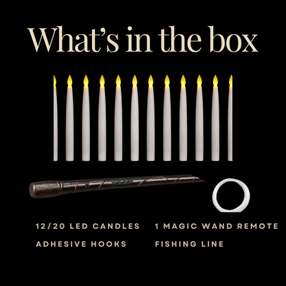 What's in the box: LED candles, wand remote, adhesive hooks, fishing line
