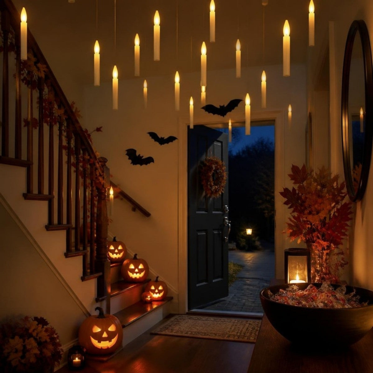 Floating LED candles above a Halloween entryway with jack-o'-lanterns