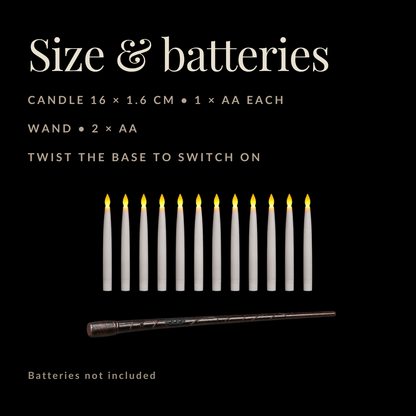 Candle size 16 x 1.6 cm, 1 AA per candle, wand 2 AA