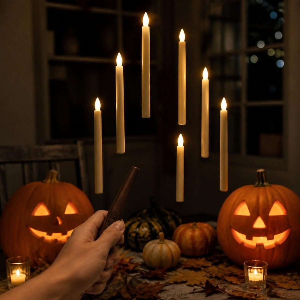 Wand remote pointed at floating LED candles over carved pumpkins