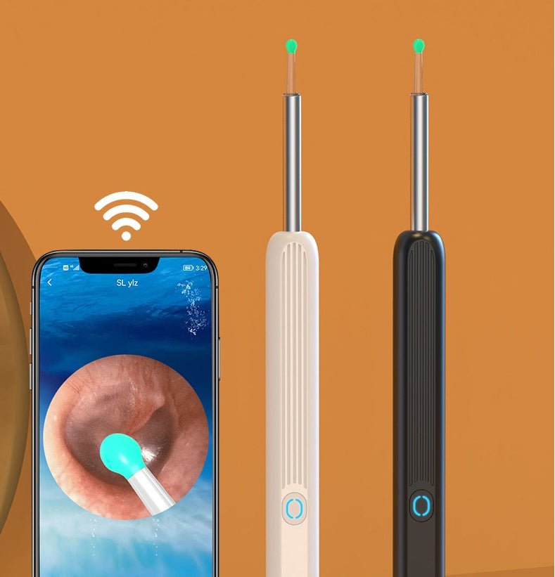 Ear cleaning tool with smartphone app displaying ear inspection on an orange background