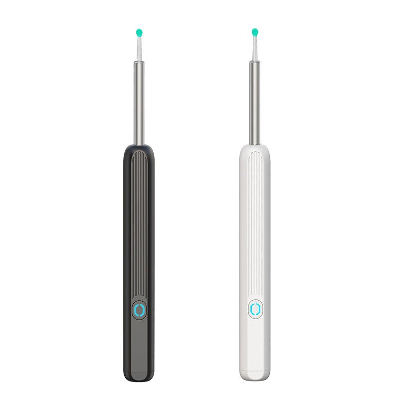 Two electronic ear pickers, one black and one white, on a white background