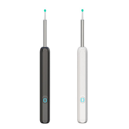 Two electronic ear pickers, one black and one white, on a white background