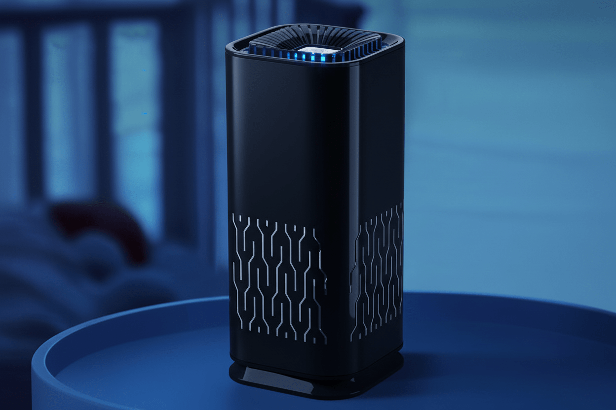 Air purifier with text highlighting low noise operation on a blue background
