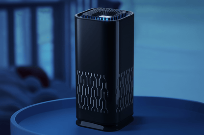 Air purifier with text highlighting low noise operation on a blue background