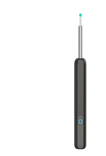 Black and silver electronic ear scoop with a green light on a white background