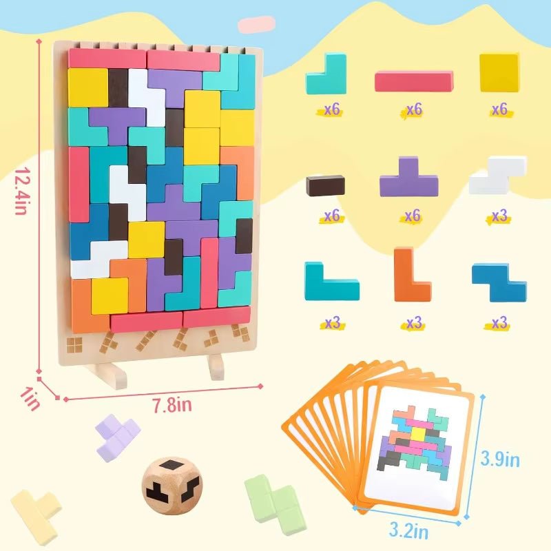 Wooden Stacking Puzzles Tetris - Brain Teasers 3D Russian Blocks Board STEM Montessori Toys for Ages 3-12 Gift for Toddlers