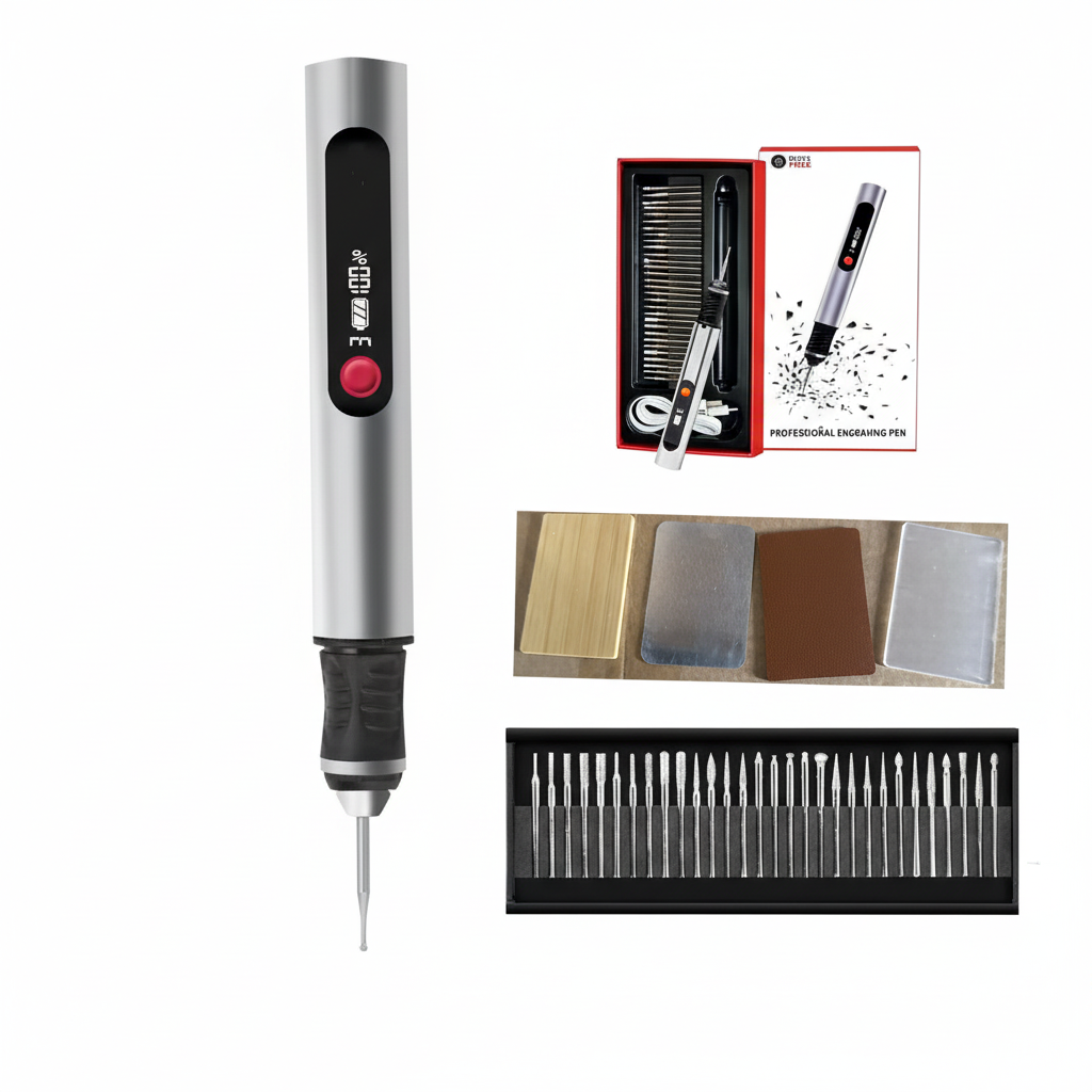 Professional engraving pen with accessories and tools on a white background