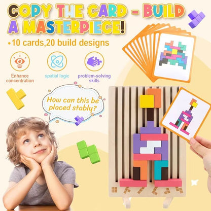 Wooden Stacking Puzzles Tetris - Brain Teasers 3D Russian Blocks Board STEM Montessori Toys for Ages 3-12 Gift for Toddlers