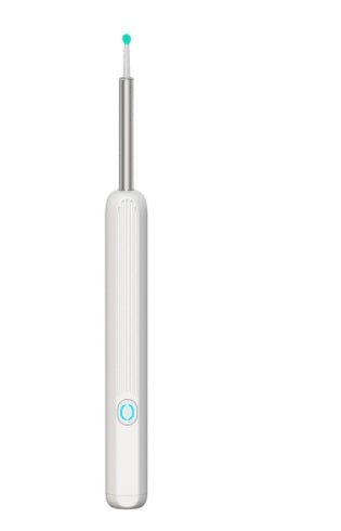 White dental tool electronic ear picker with a blue light on a white background